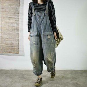 Womens Fashion Washed Frayed Ripped Loose Overalls